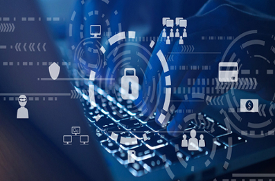 Icon of lock, location sign, person, avatar, computer, and online document folders connected through nodes with blue background